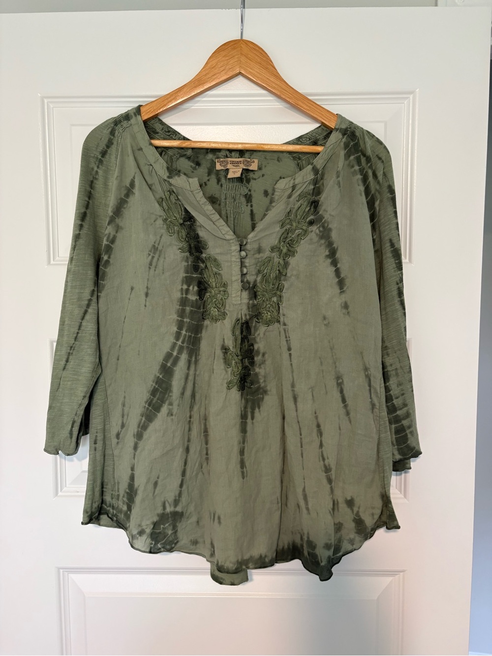 Y2K Olive Green Boho Embroidered Tie Dye Tunic Hippie Earthy Cottagecore Artsy